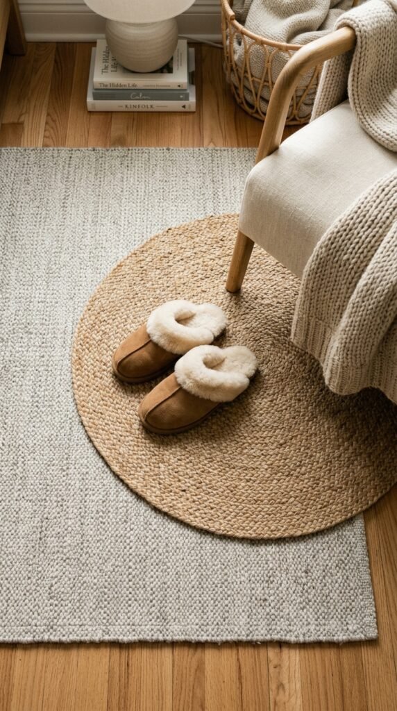 Use a Round or Organic-Shaped Area Rug Layered Over a Larger Rug