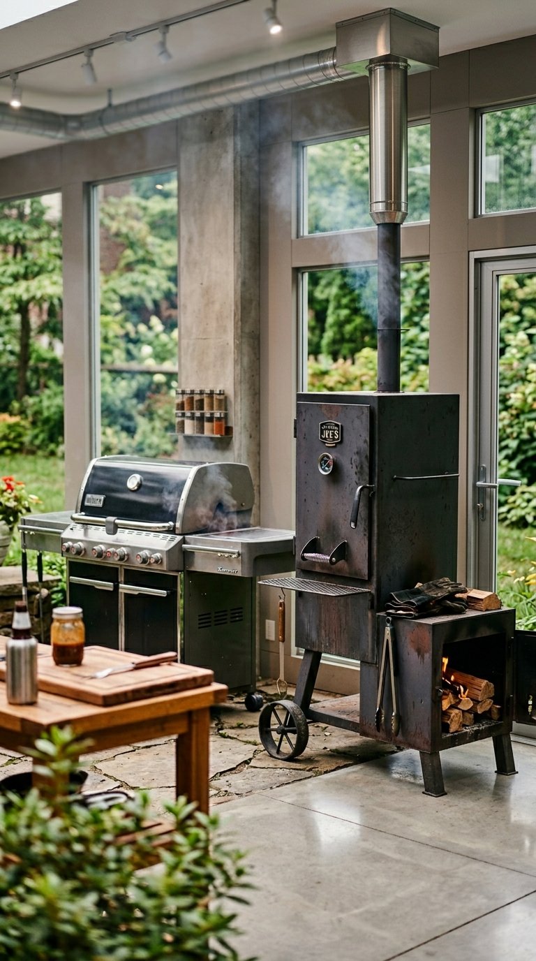 a Bar Counter With Stools Facing the Grill