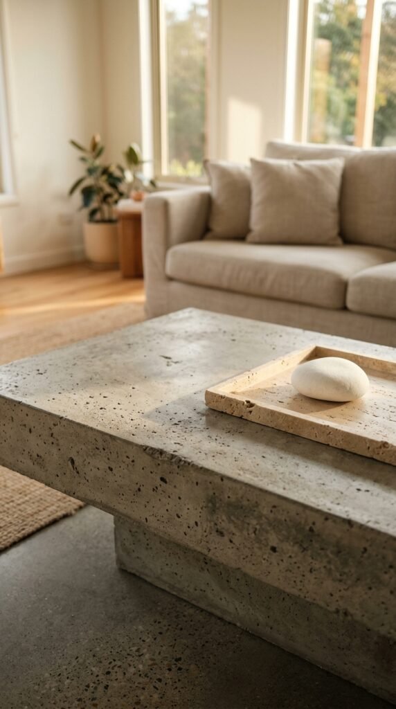 a Concrete or Stone Coffee Table as the Visual Anchor