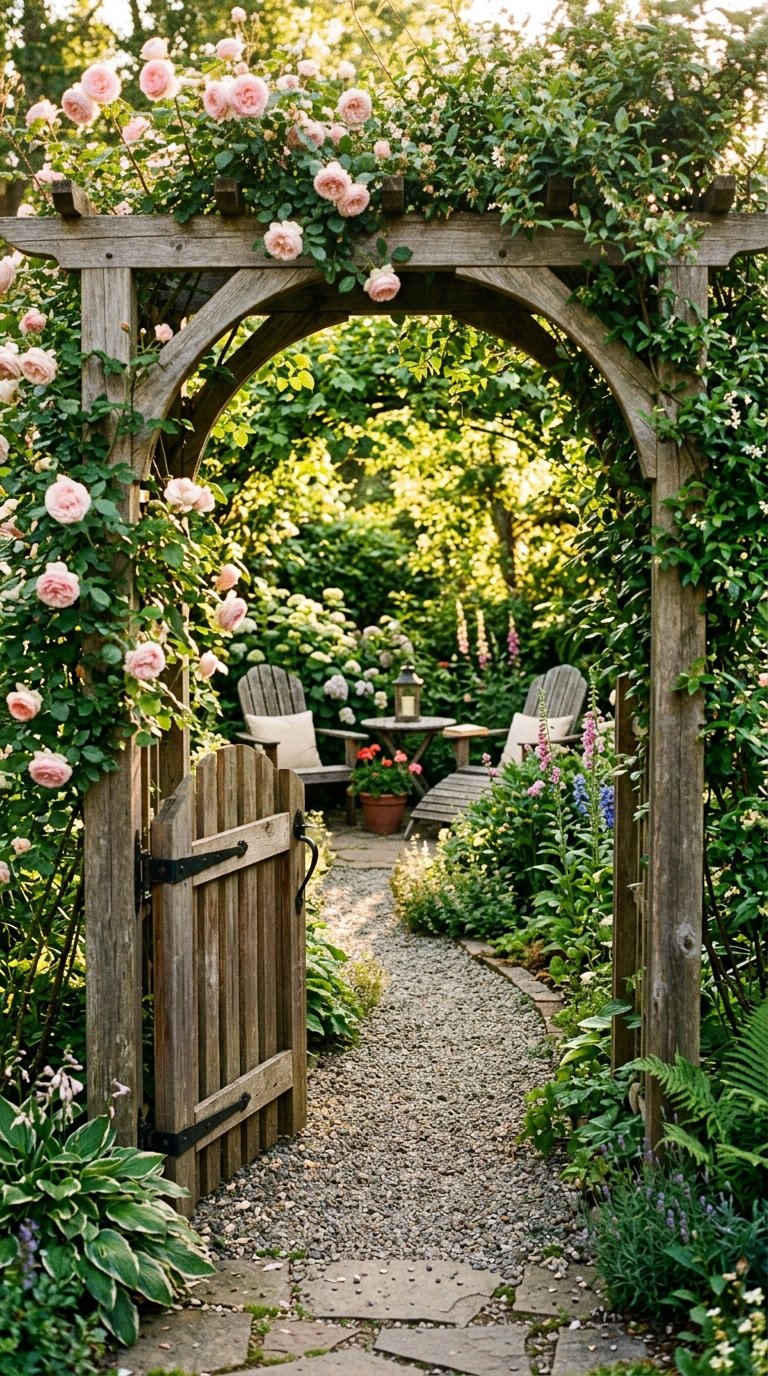 a Cozy Corner Nook With an Arbor and Gate