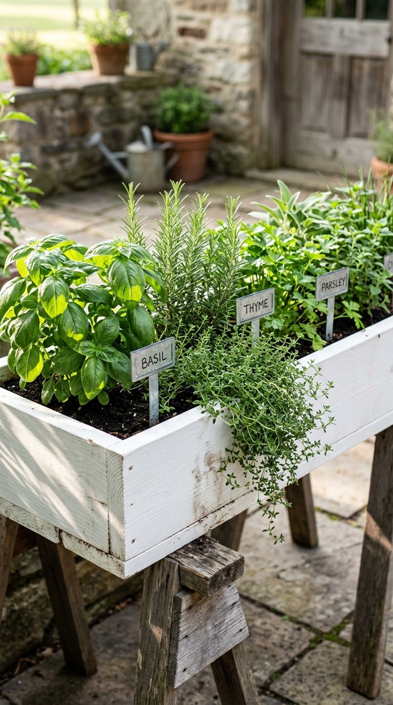 a Farmhouse Herb Garden in Raised Wooden Boxes
