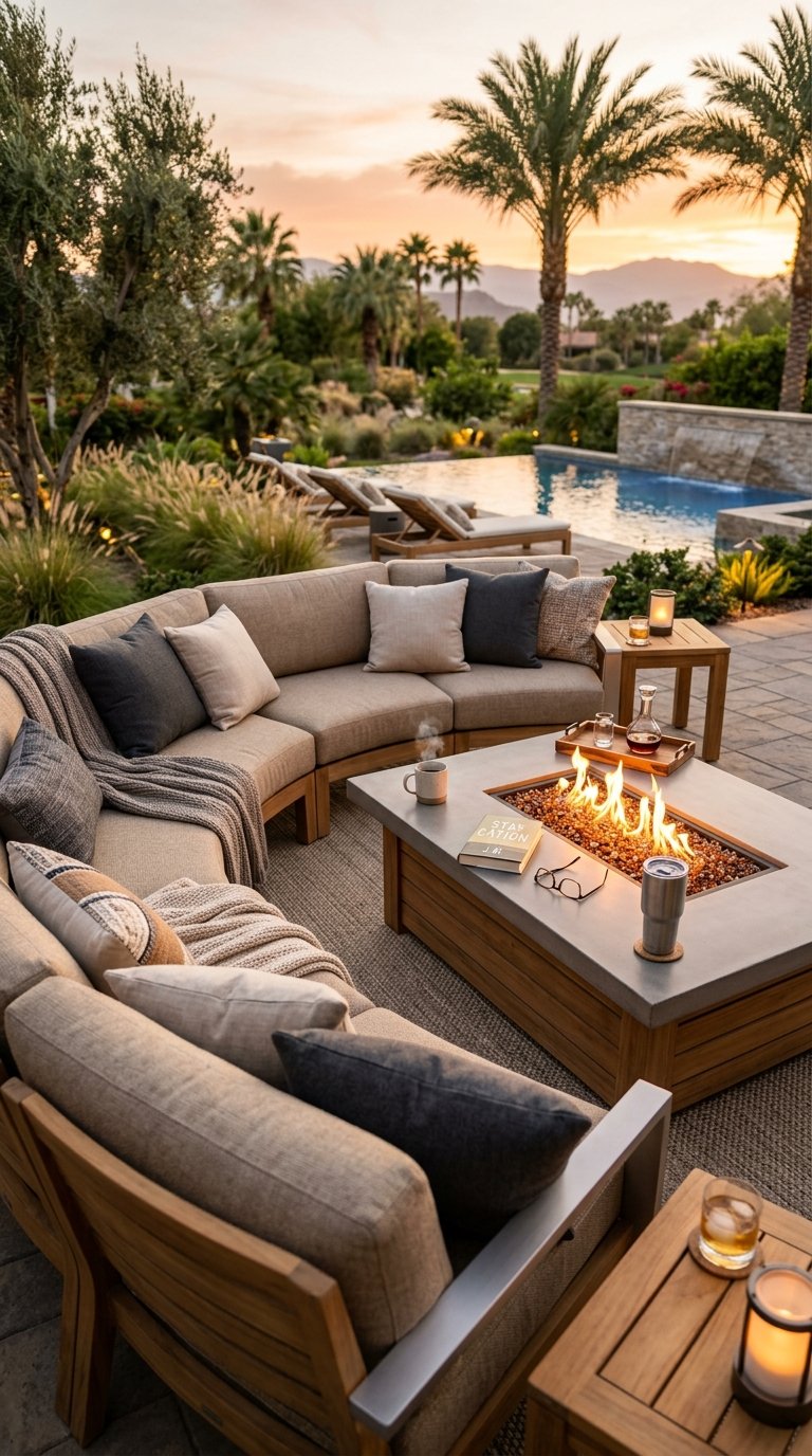 a Fire Pit Lounge With a Sectional Around It