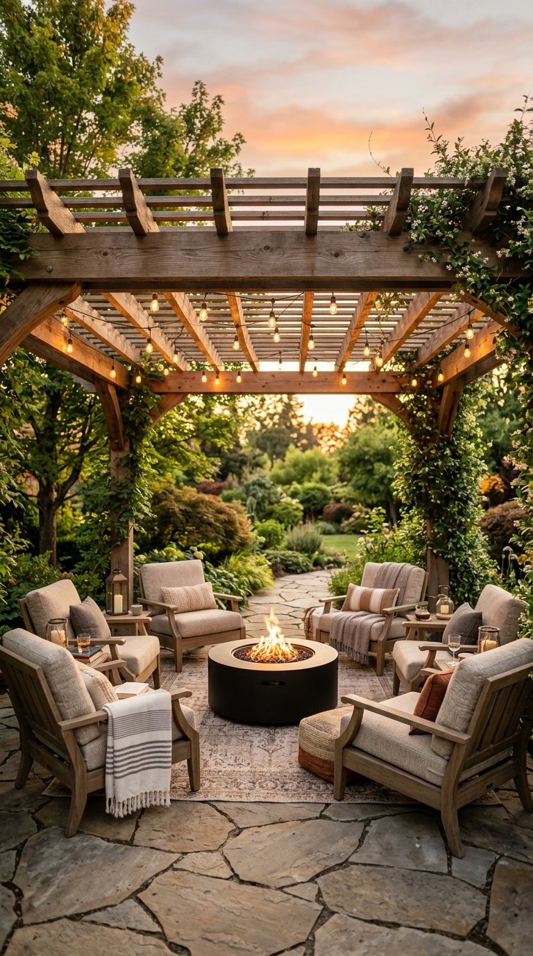 a Fire Pit Seating Area With a Pergola Overhead
