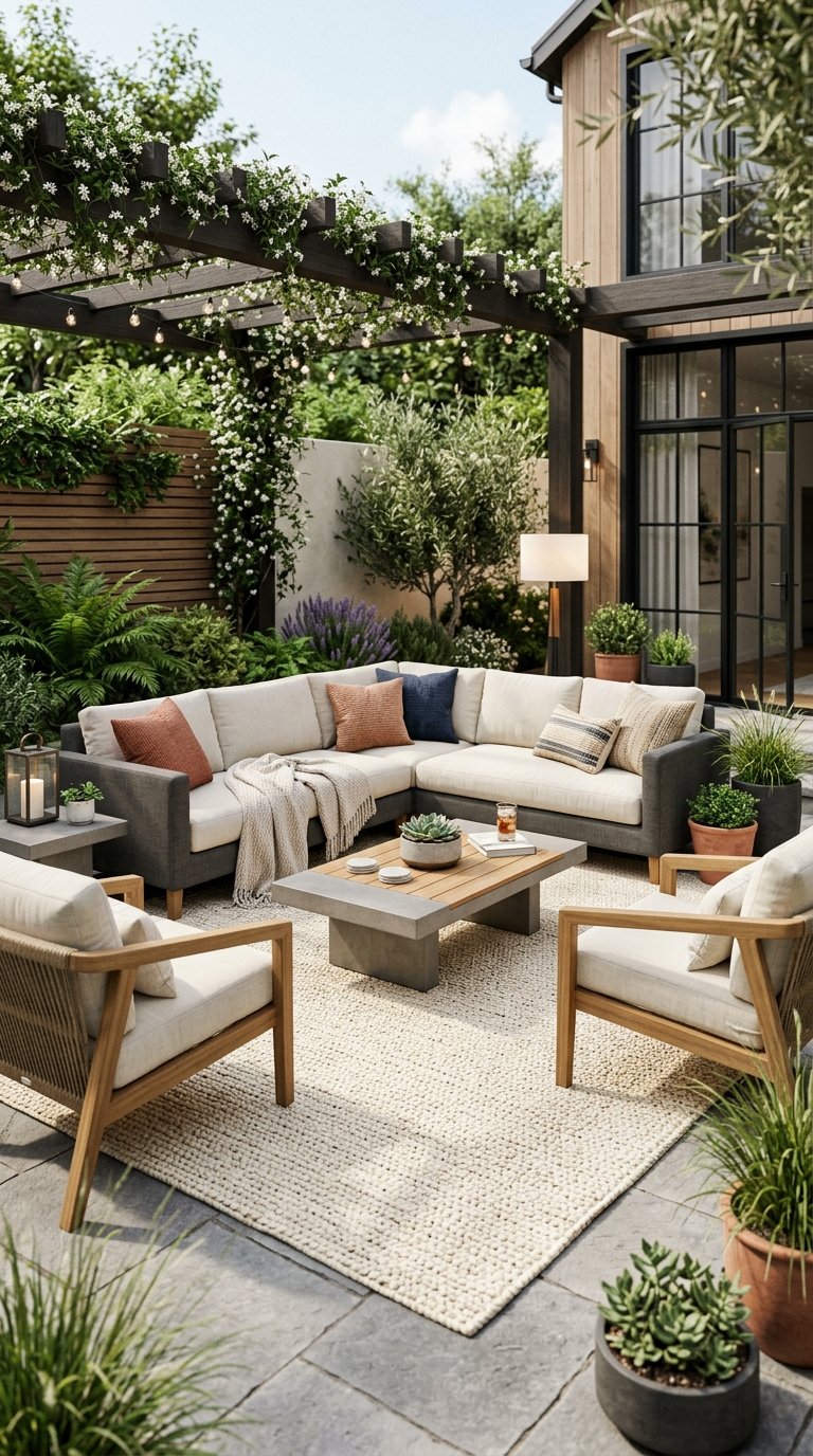 a Large Outdoor Area Rug in a Solid or Subtle Pattern