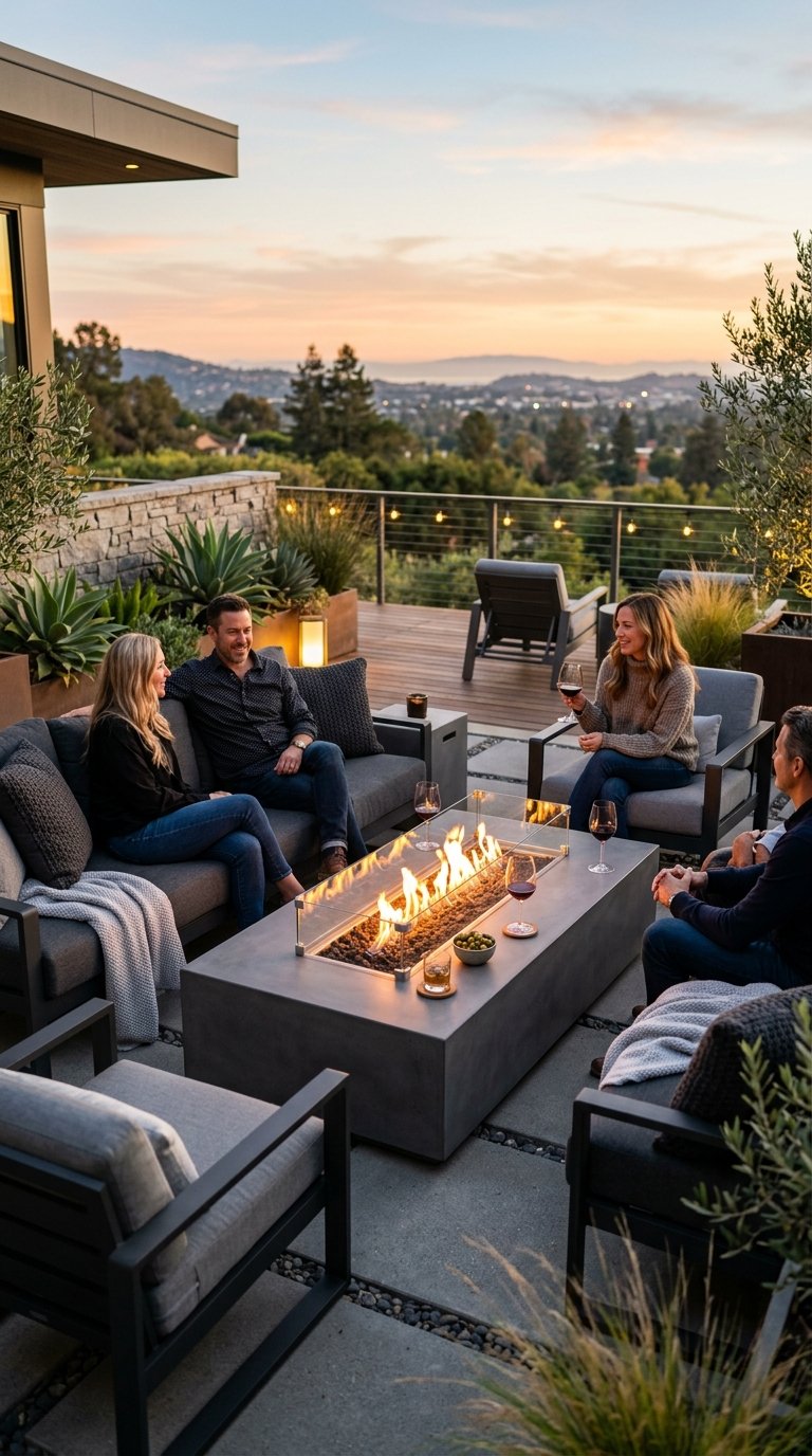a Linear Fire Pit Table as the Seating Focal Point