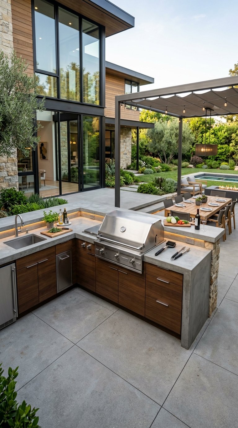 a Modern Outdoor Kitchen With Stainless Steel Appliances