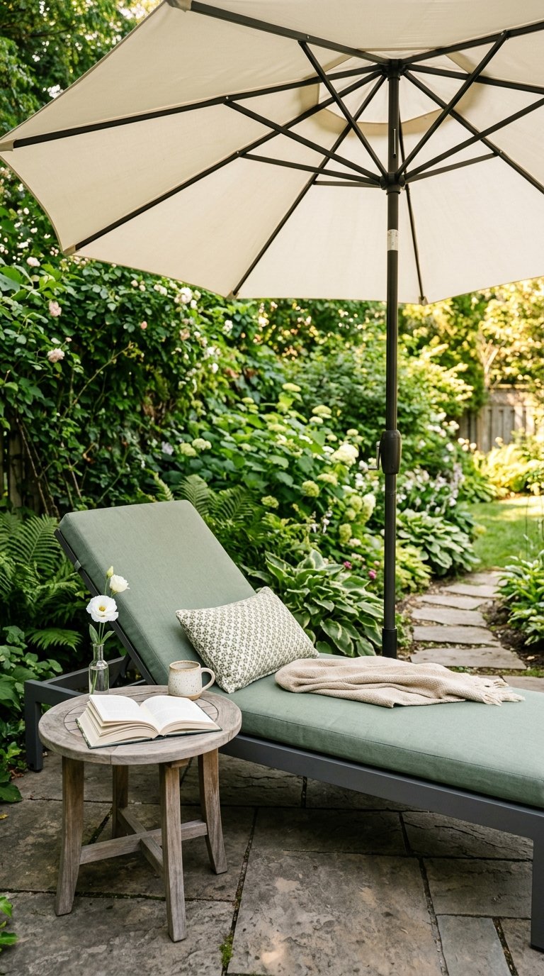 a Reading Nook Corner With a Chaise Lounge and Umbrella