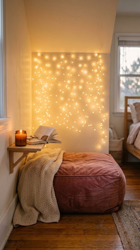 a Reading Nook With String Lights and Cushions