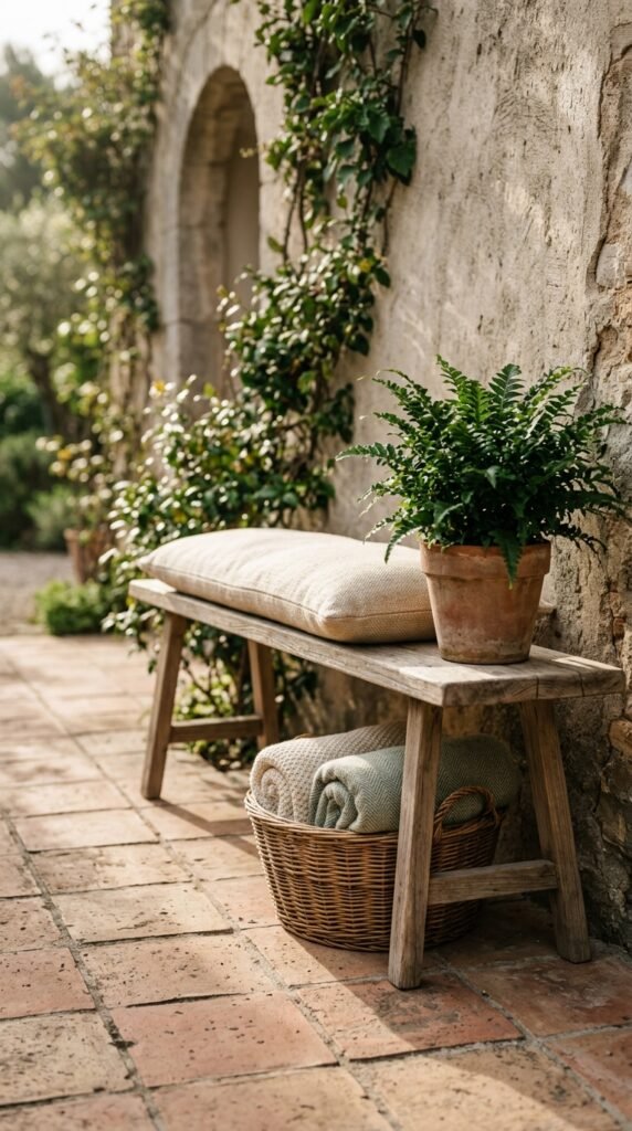 a Small Bench Along a Wall