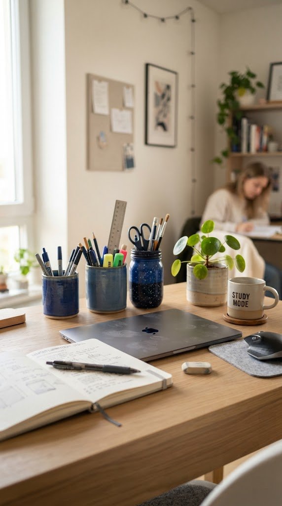 Add Blue Ceramic or Painted Mason Jars as Desk Organizers