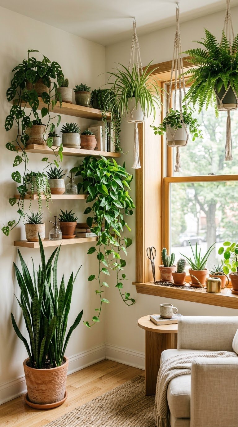 Add Plants at Multiple Height Levels Throughout the Room