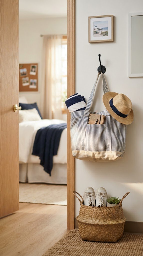 Add a Blue and White Striped Beach Bag as Decor