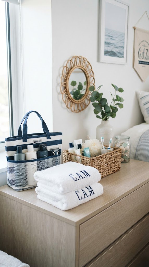 Add a Blue and White Striped Shower Caddy