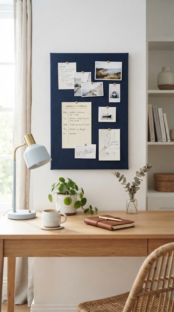 Add a Corkboard Wrapped in Blue Linen for Your Wall Organizer