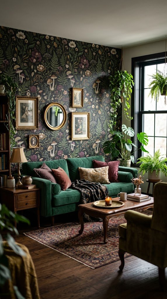 Add a Dark, Patterned Accent Wall in Wallpaper