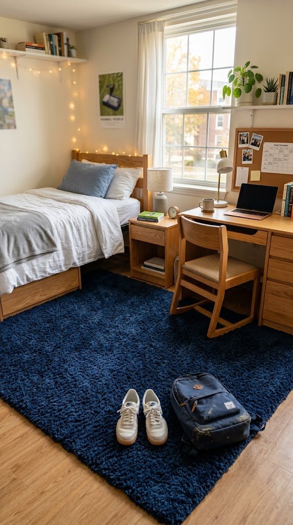 Add a Navy Blue Area Rug to Cover Dorm Flooring
