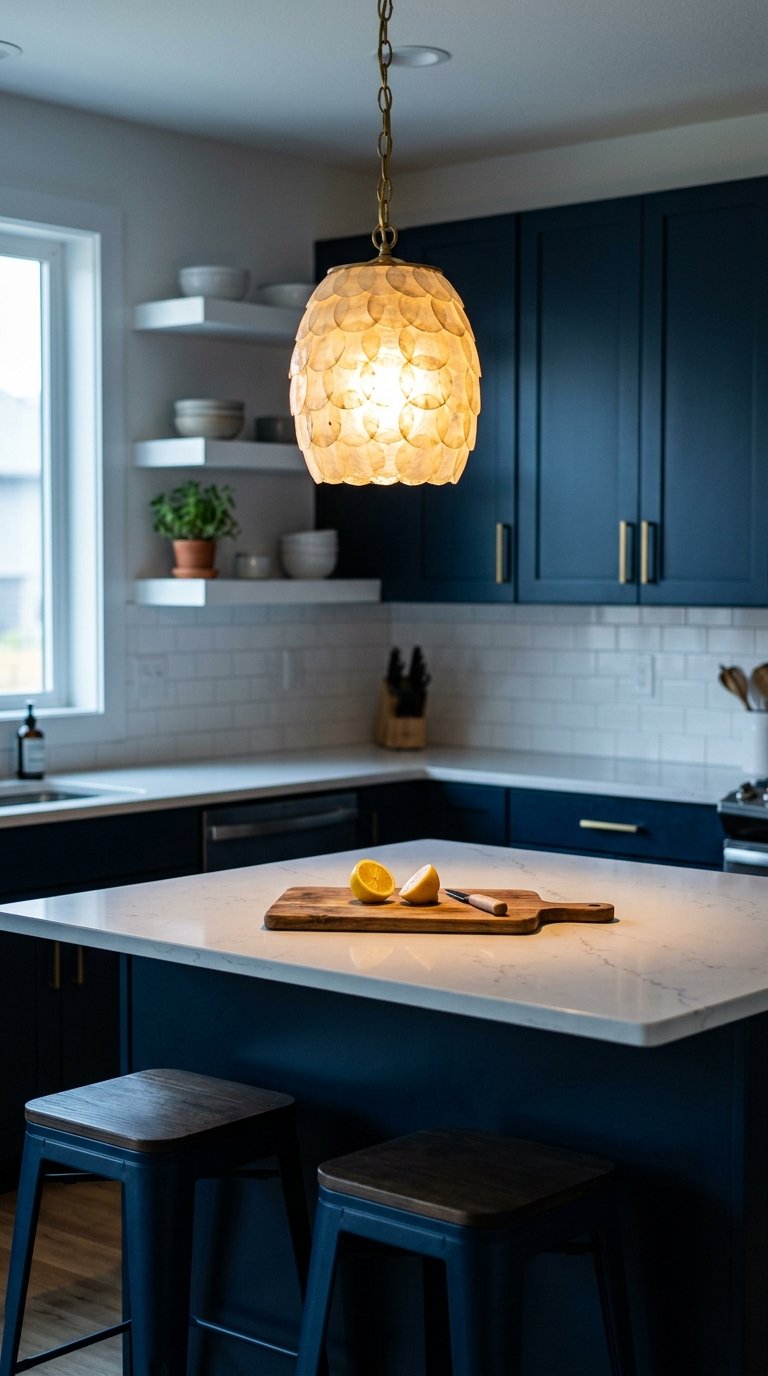 Capiz Shell Pendant Light Over a Kitchen Island