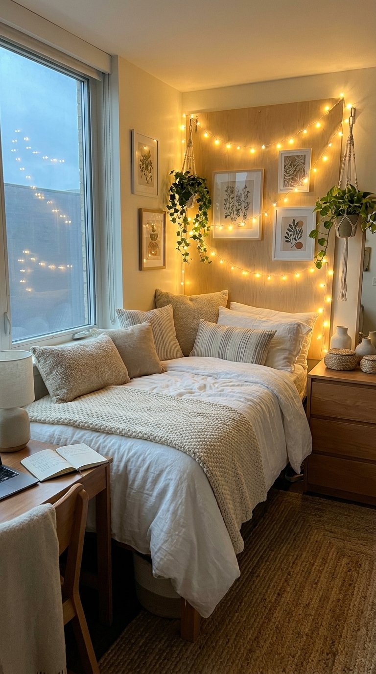 Hang Fairy Lights Above and Around the Bed