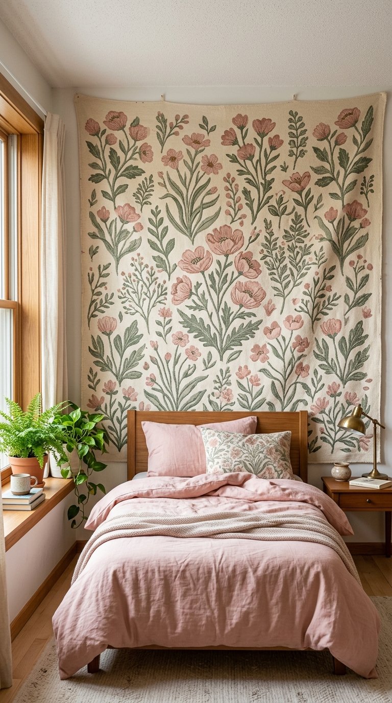 Hang Pink and Green Tapestry as a Bed Backdrop