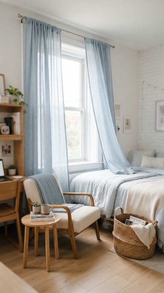 Hang Powder Blue Curtain Panels on a Tension Rod