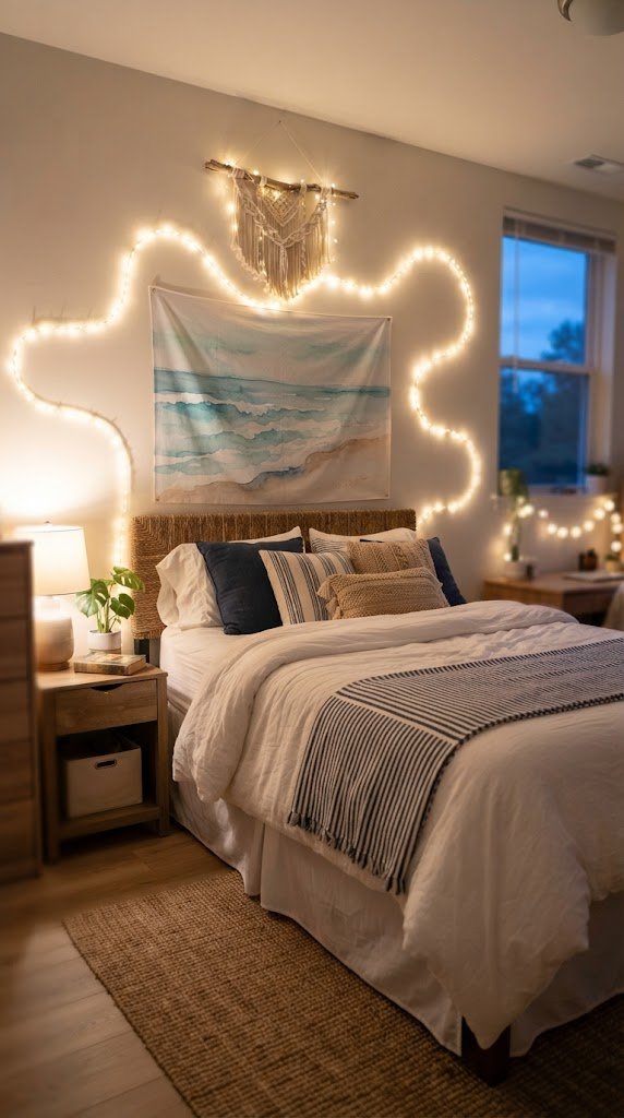 Hang Rope Lights Along Your Headboard Wall