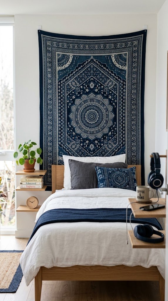 Hang a Blue Tapestry as Your No-Damage Wall Focal Point