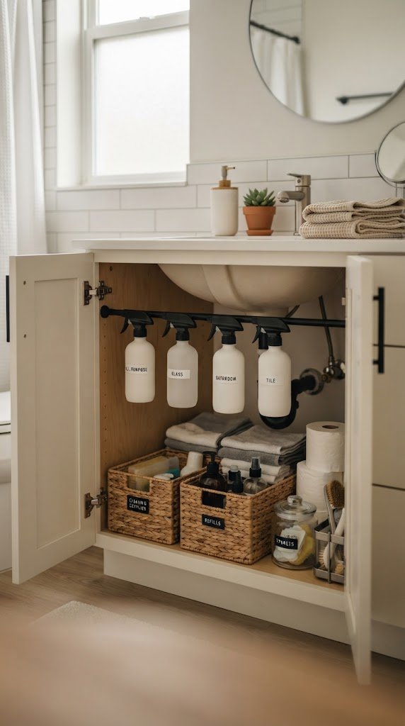 Install a Tension Rod Under the Sink for Cleaning Supplies