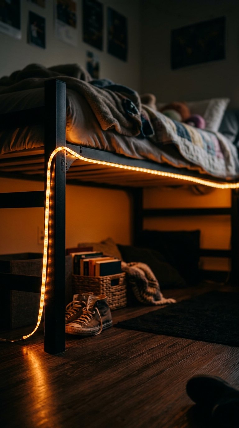 LED Strip Lights Along the Bed Frame for Ambient Lighting