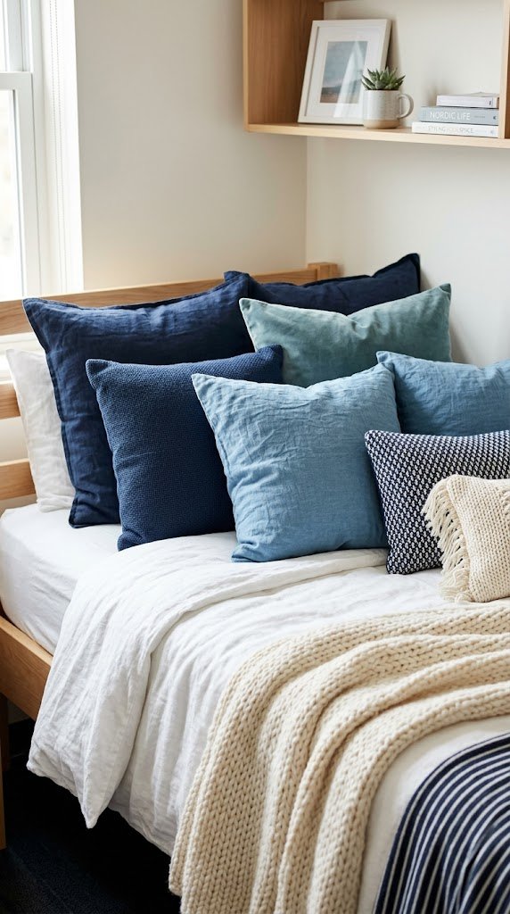 Layer Blue Throw Pillows in Three Different Tones