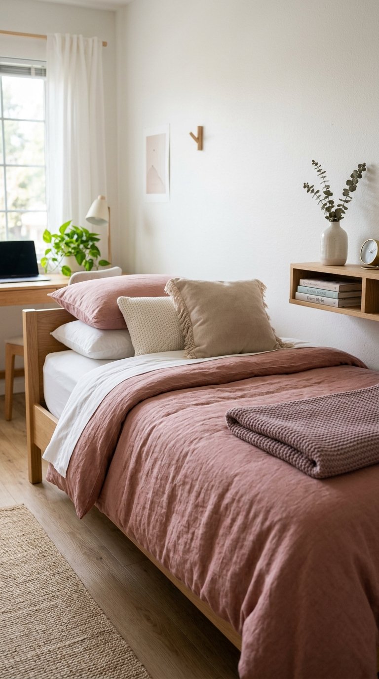 Layer Blush and White Bedding for Depth