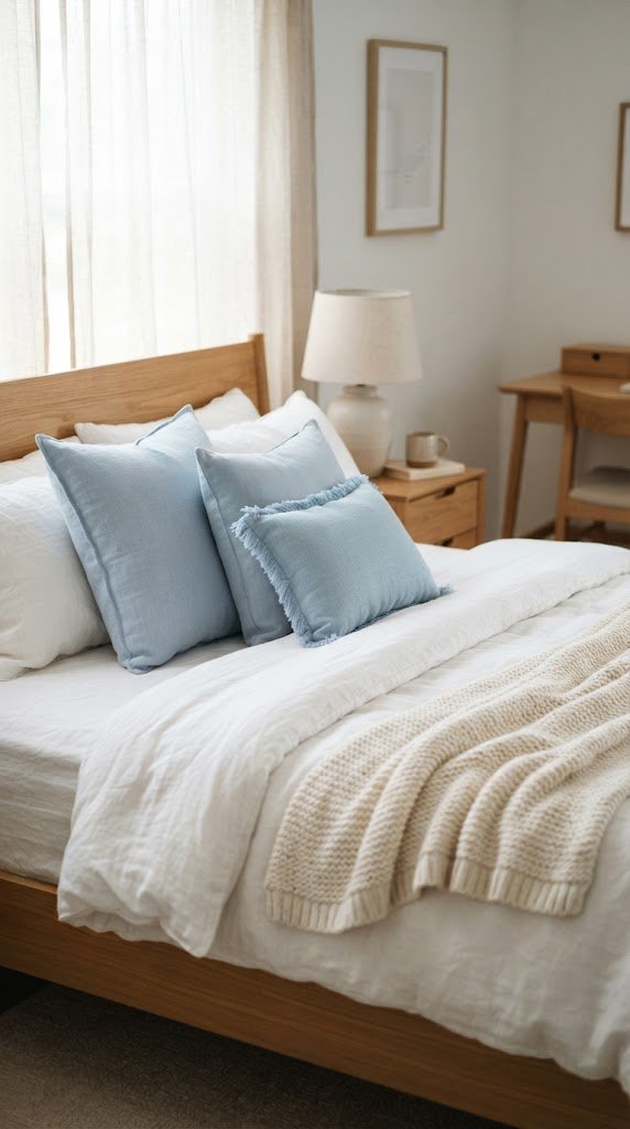 Layer Three Pale Blue Throw Pillows in Different Sizes