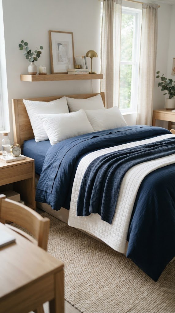  Layer Your Bed With a White Coverlet Over Blue Sheets