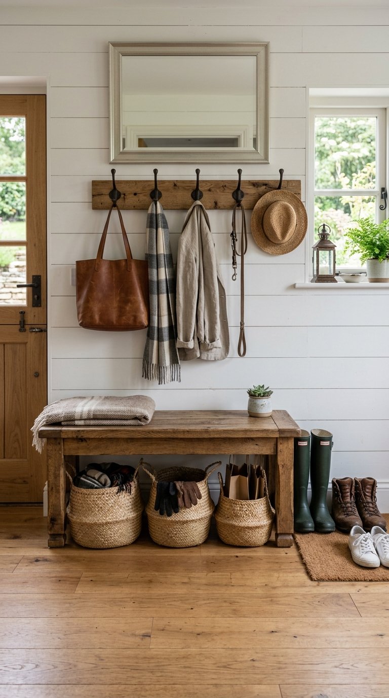 Mudroom With Hooks, a Bench, and Baskets