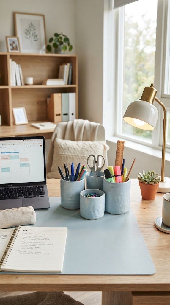 Organize Your Desk With Blue Ceramic Containers