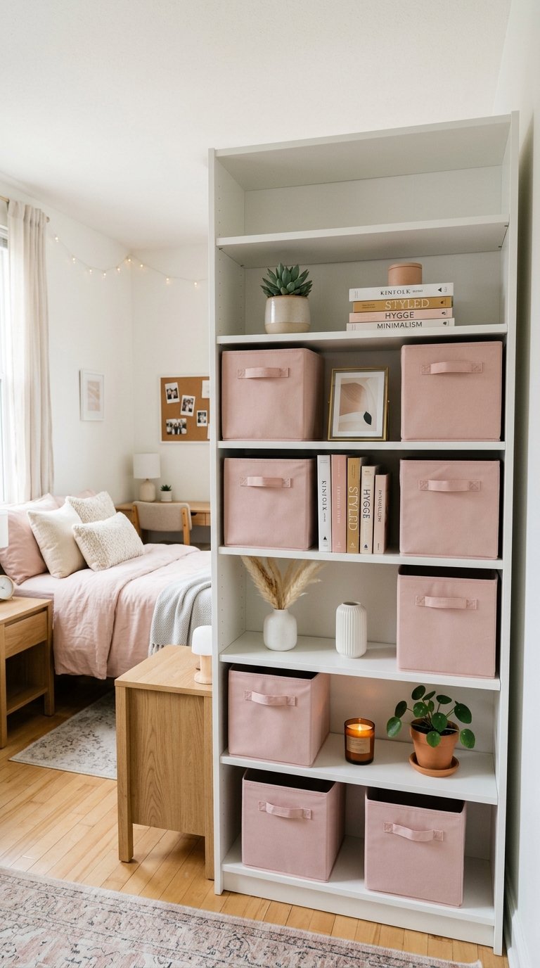 Pink Bins for Open Shelf Organization