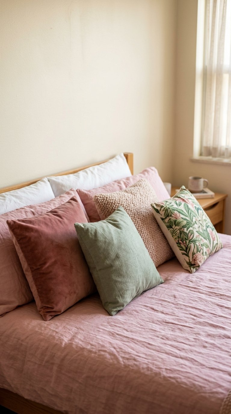 Pink and Green Throw Pillows for the Bed