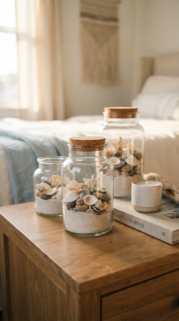 Place a Glass Jar Collection With Sand and Shells
