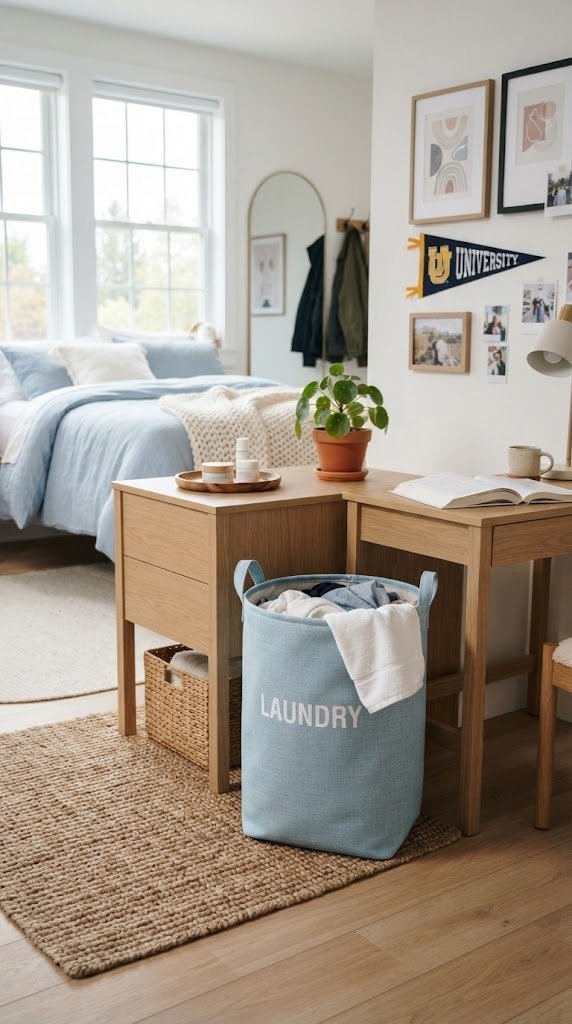 Place a Light Blue Hamper in Your Room Corner