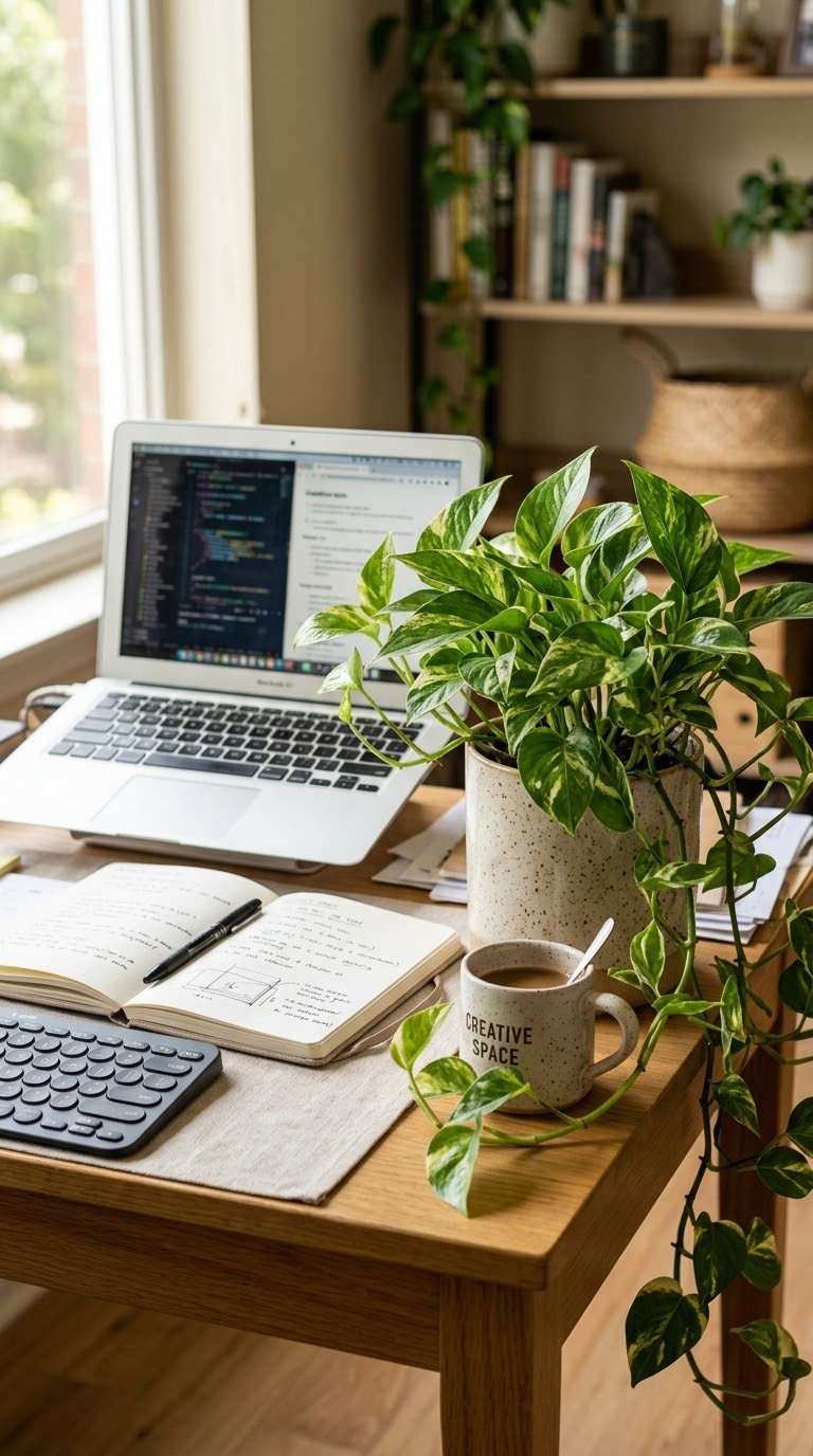 Position a Small Plant at the Desk's Edge