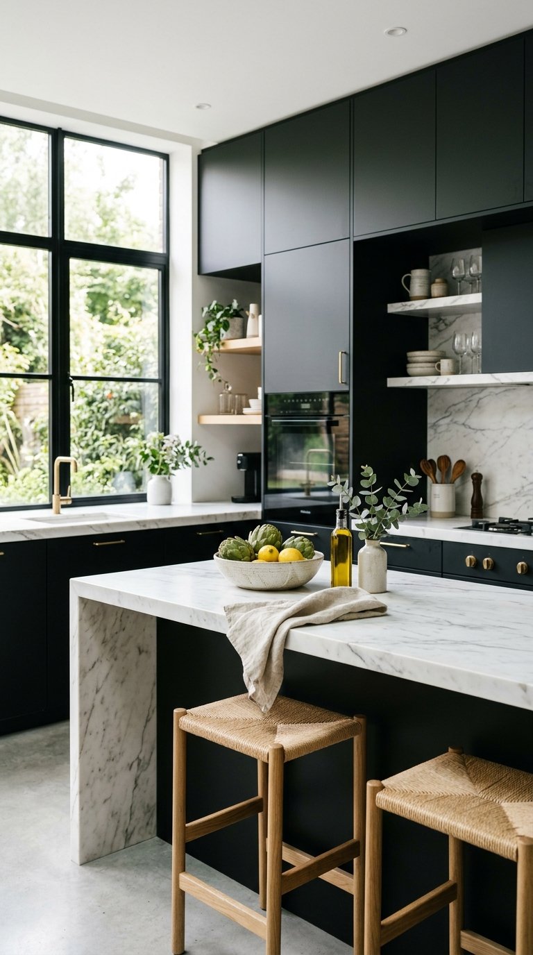 Soft Black Kitchen With White Countertops