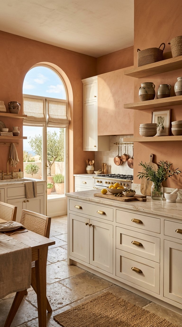Terracotta Walls With White Cabinets