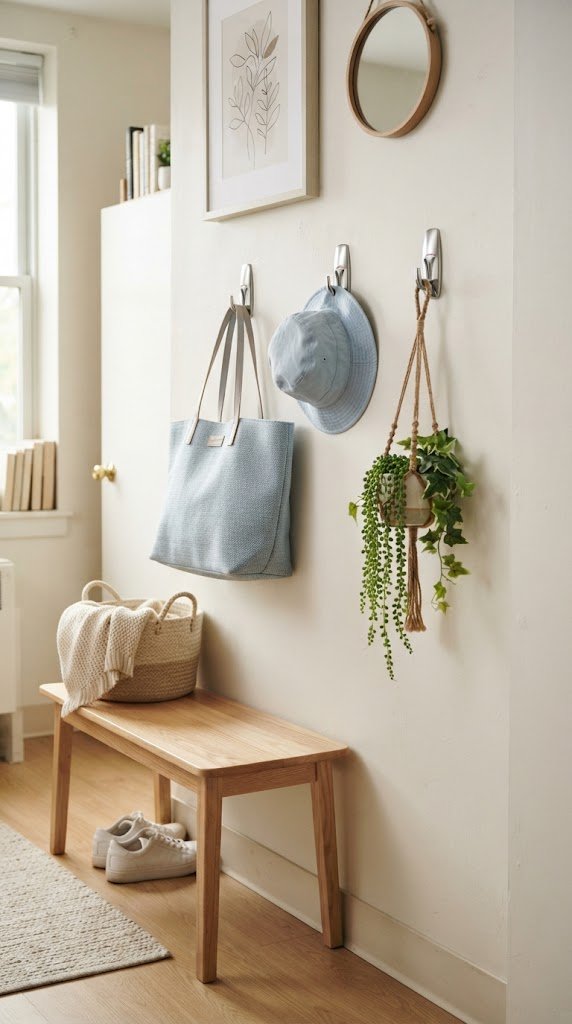 Use Command Hooks With Blue Woven Bags as Wall Decor