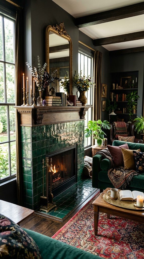 Use Dark Grout and Interesting Tile Near a Fireplace