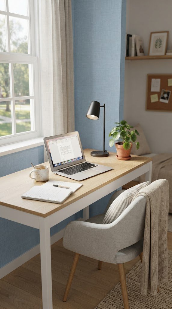 Use Light Blue Peel-and-Stick Wallpaper on Your Desk Wall