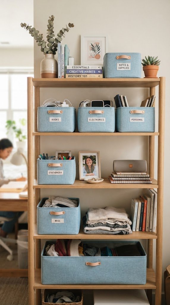 Use Light Blue Storage Bins on Every Open Shelf