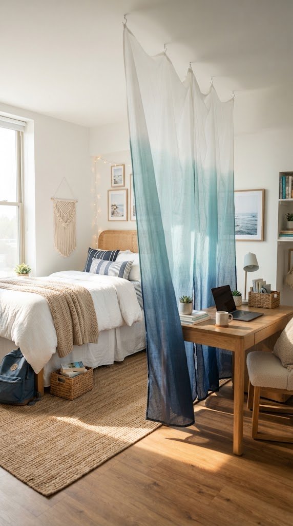 Use a Blue Ombre or Tie-Dye Tapestry as a Room Divider