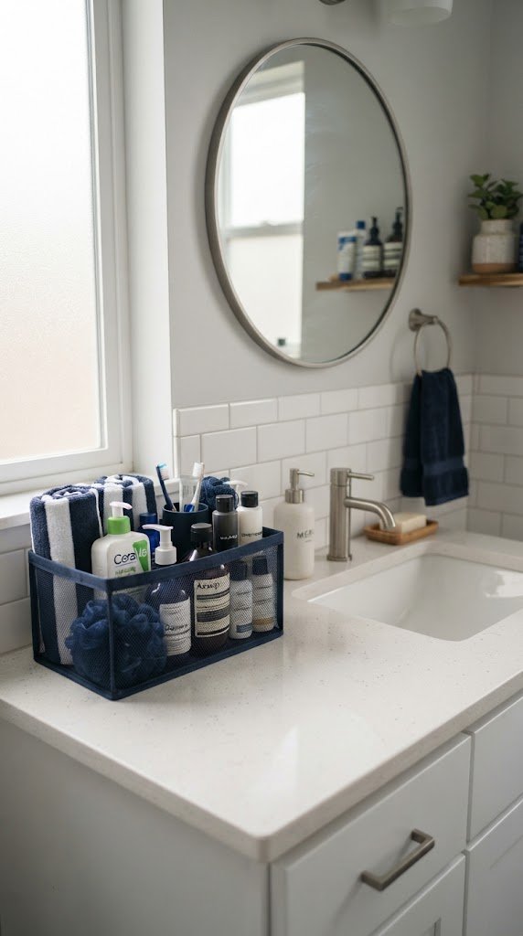 Use a Blue Shower Caddy and Bath Accessories