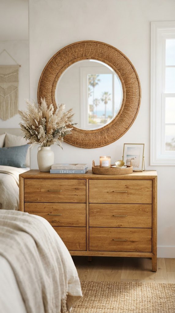 Use a Woven Rattan Mirror Above Your Dresser