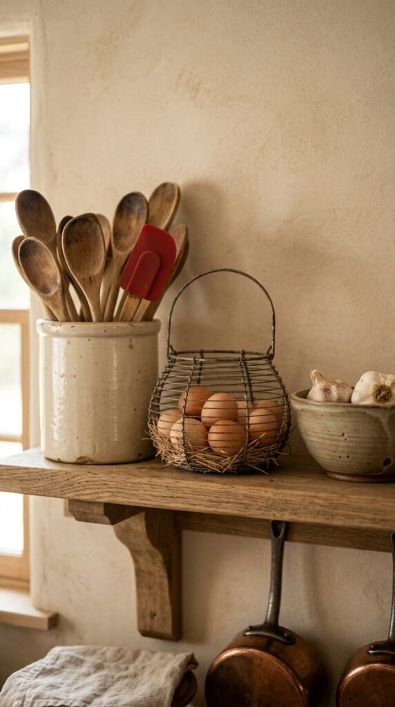 Vintage Accessories and Crocks on Open Shelves