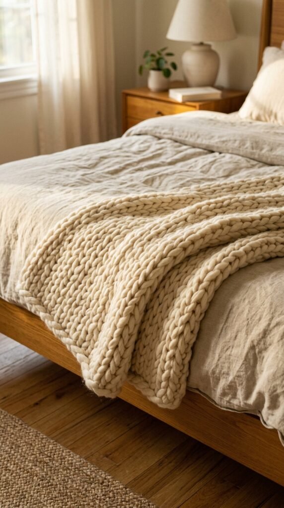 a Chunky Knit or Wool Throw at the Bed Foot